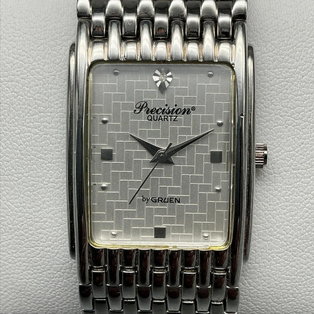 Gruen Precision Mens Watch 22mm Silver Tone Rectangle Dial New Battery 8.25